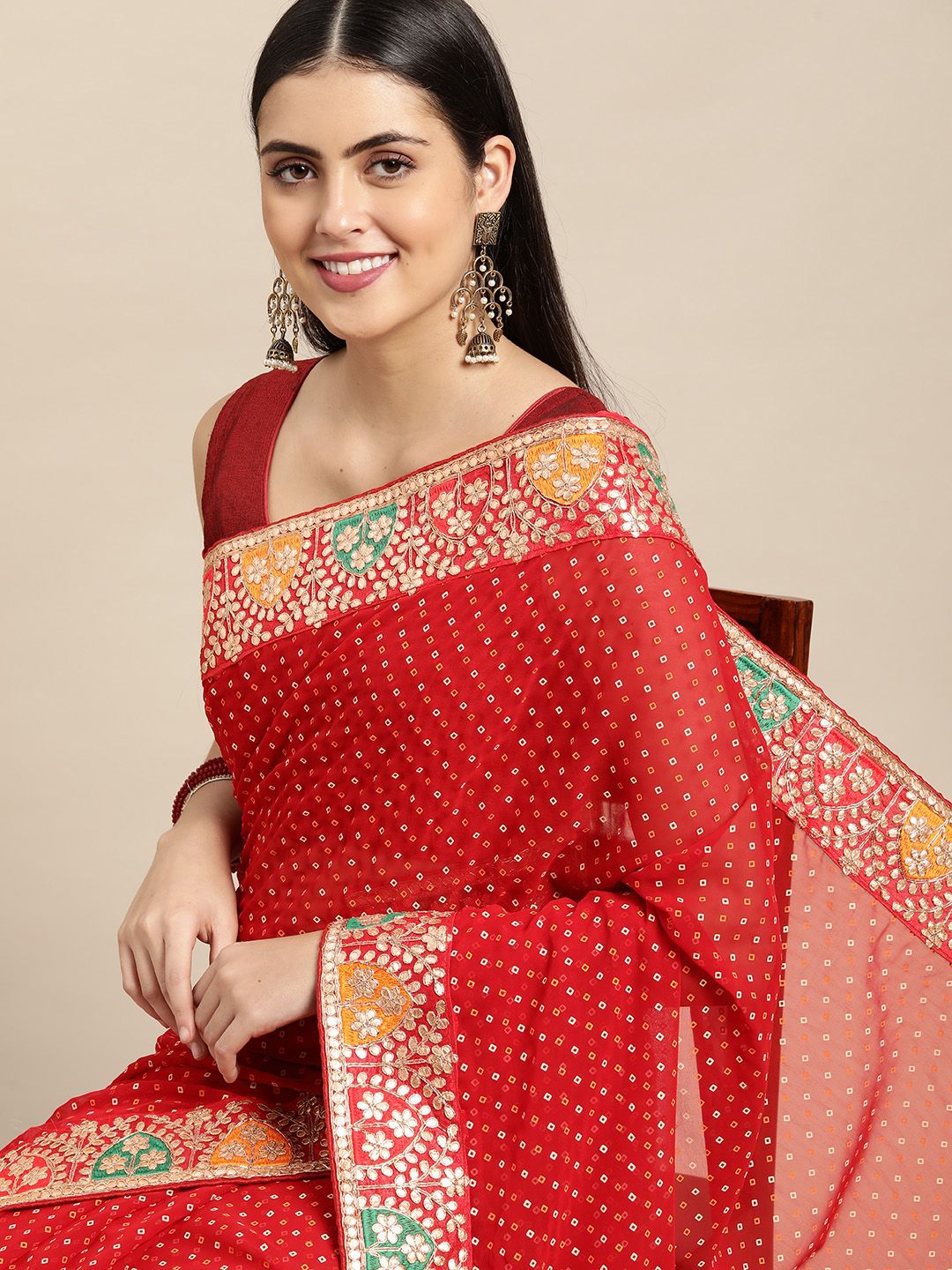 Mitera Red & Yellow Bandhani Gotta Patti Poly Georgette Bandhani Saree Price in India