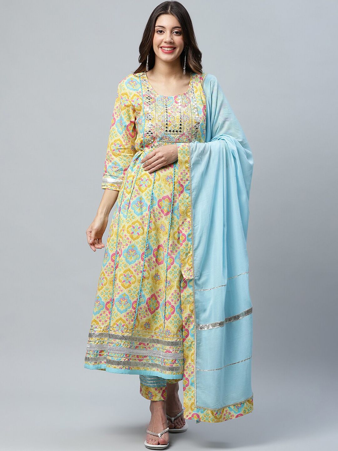 ANAISA Women Yellow Paisley Embroidered Gotta Patti Pure Cotton Kurta with Trousers & With Dupatta Price in India