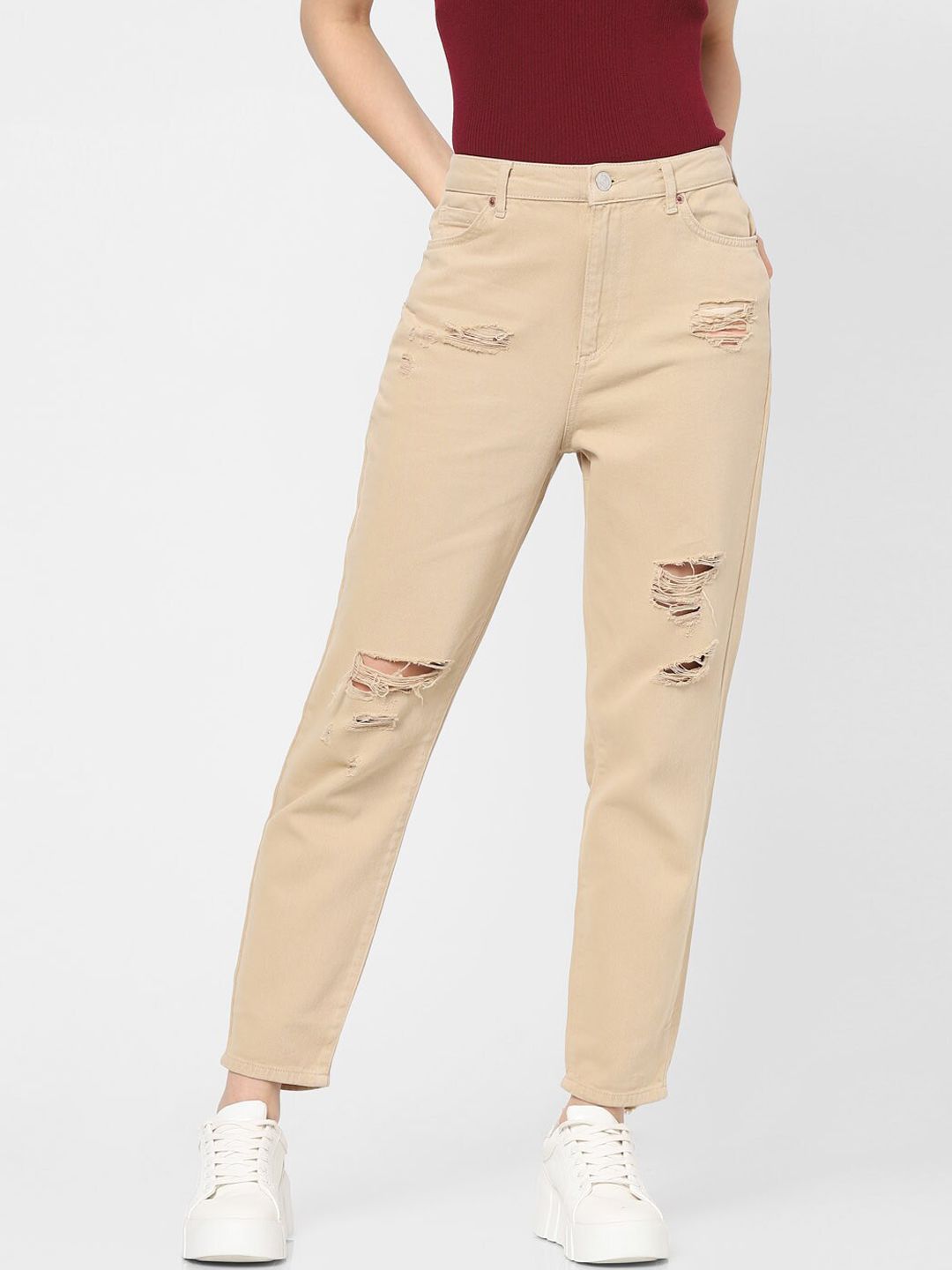 ONLY Women Brown Slim Fit High-Rise Slash Knee Jeans Price in India