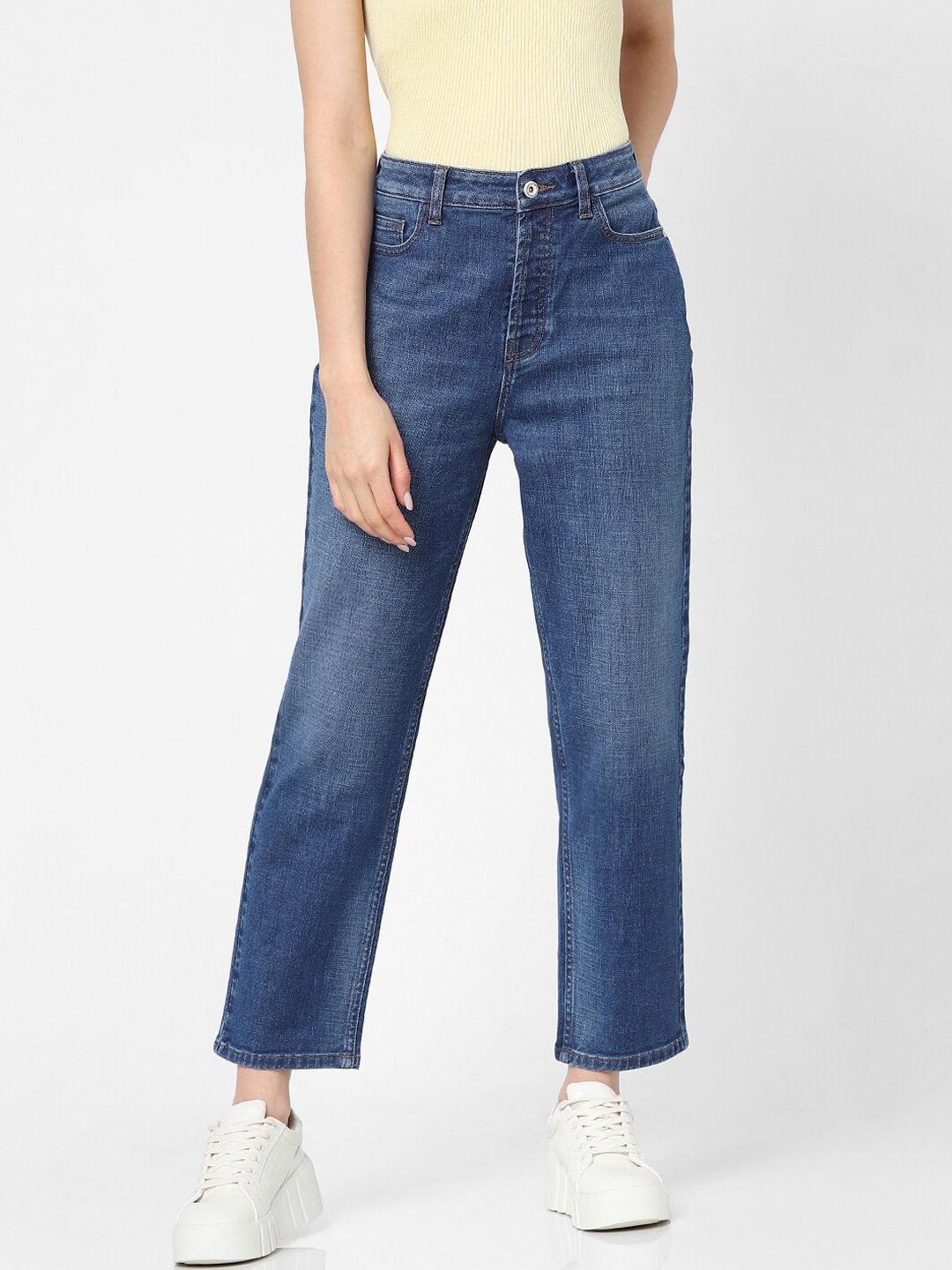 ONLY Women Blue Straight Fit High-Rise Heavy Fade Cropped Cotton Jeans Price in India