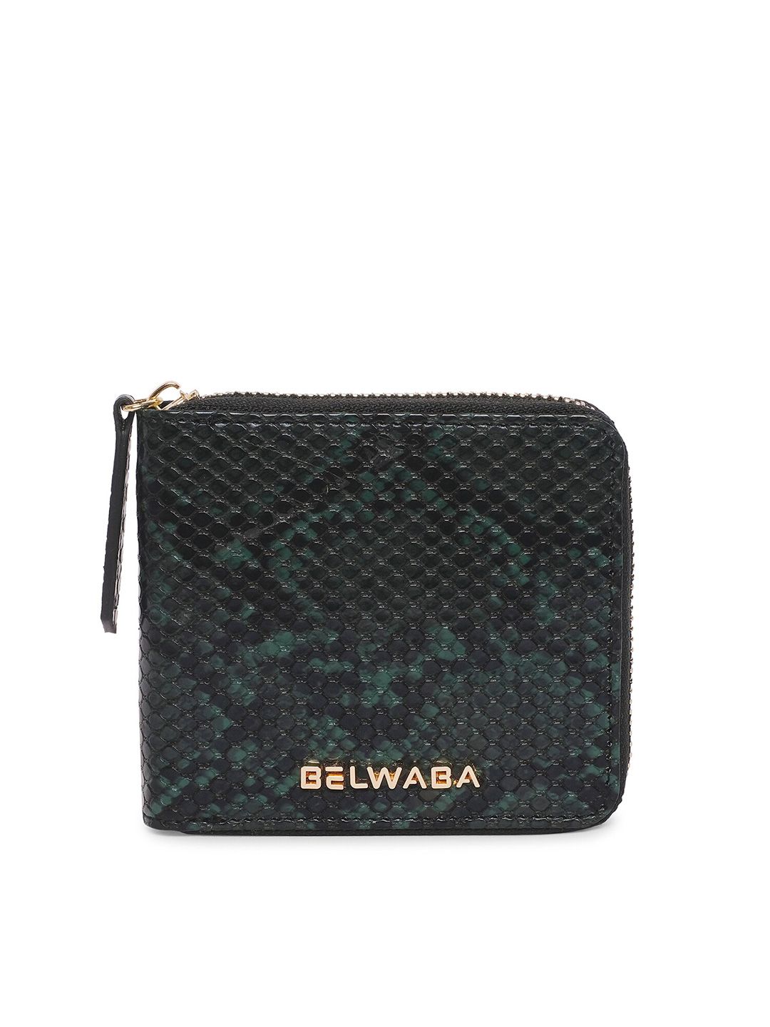 Belwaba Women Green & Black Animal Textured PU Zip Around Wallet Price in India