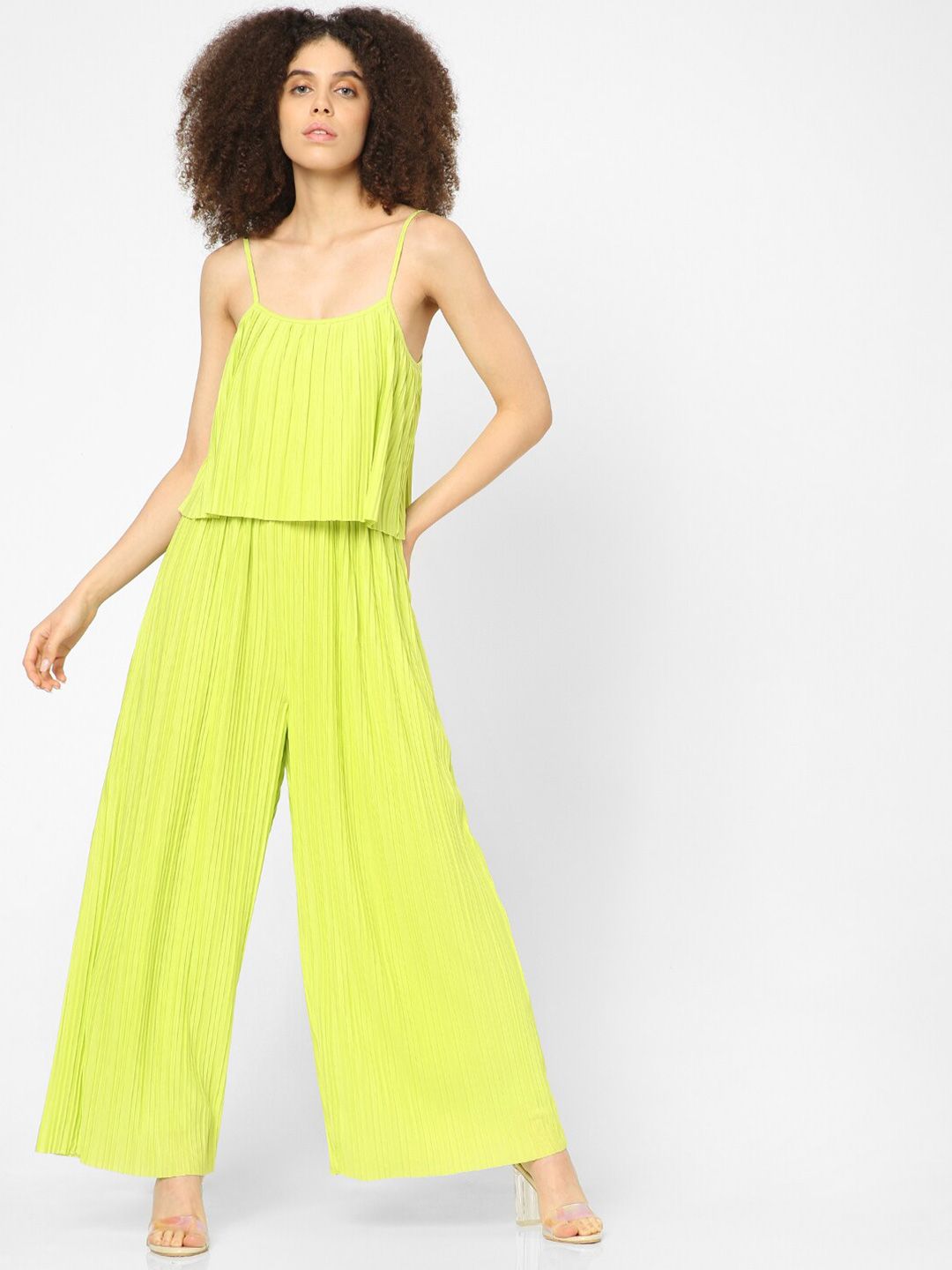 ONLY Lime Green Solid Shoulder Strap Basic Jumpsuit Price in India