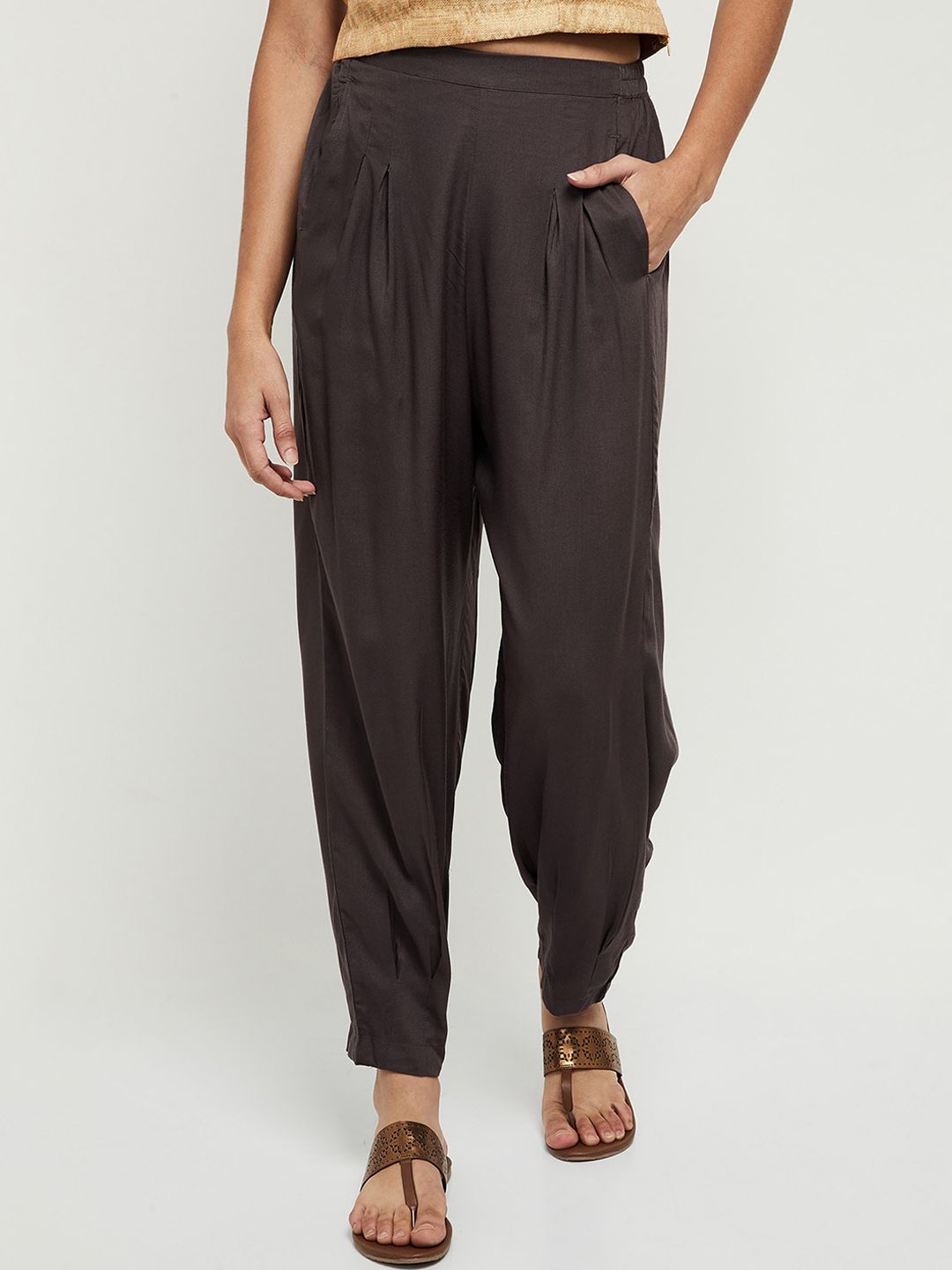max Women Charcoal Pleated Mid-Rise Cotton Trousers Price in India