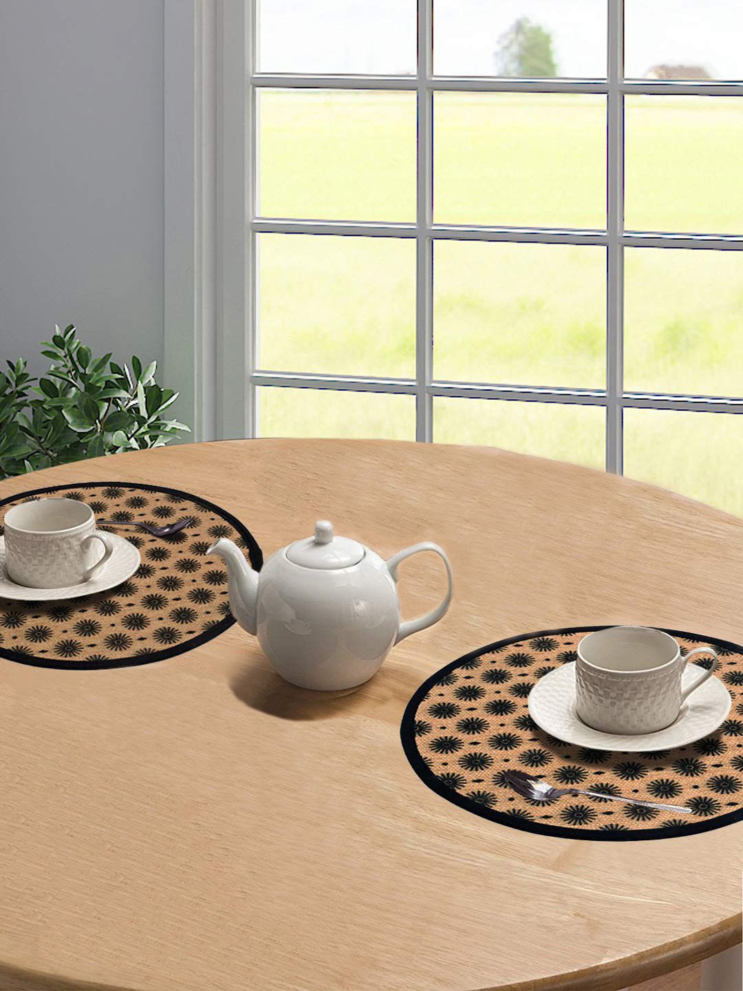 Saral Home Set Of 2 Black & Beige Printed Cotton Round Anti-Skid Table Placemats Price in India