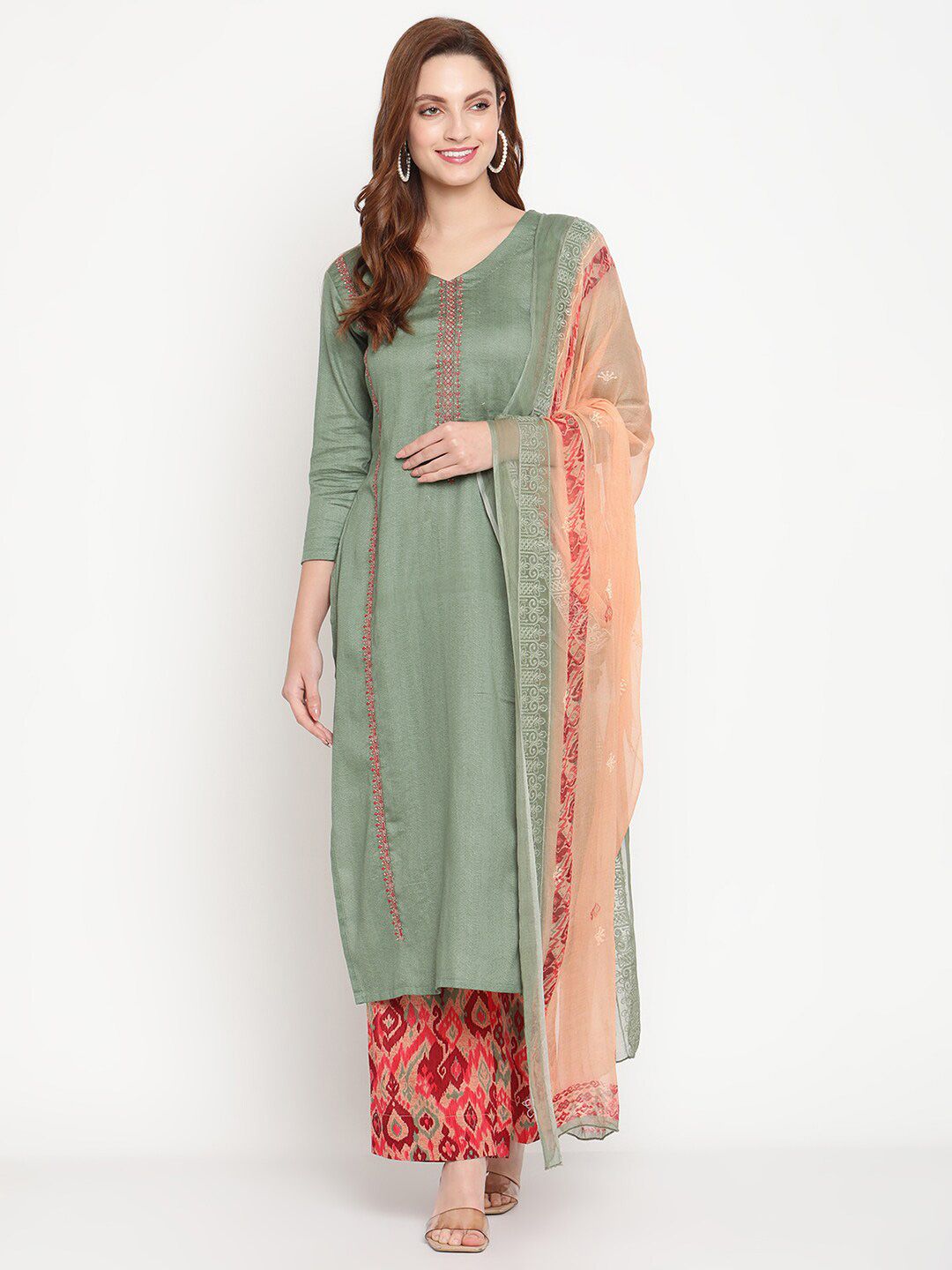 Stylee LIFESTYLE Green & Pink Printed Pure Cotton Unstitched Dress Material Price in India