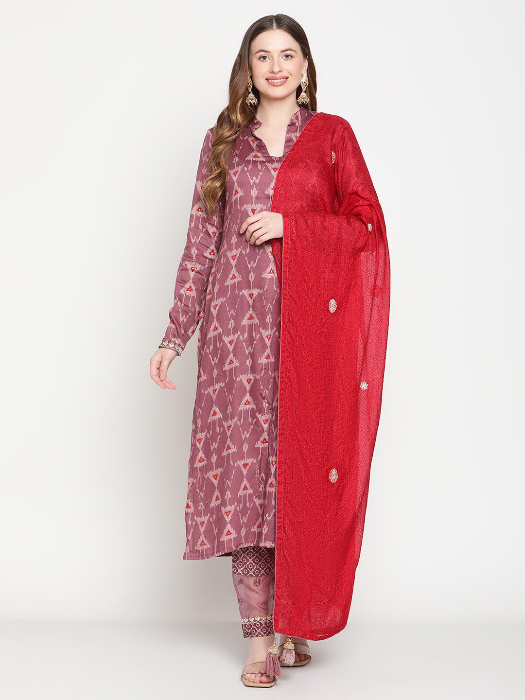 Stylee LIFESTYLE Purple & Red Printed Cotton Unstitched Dress Material Price in India