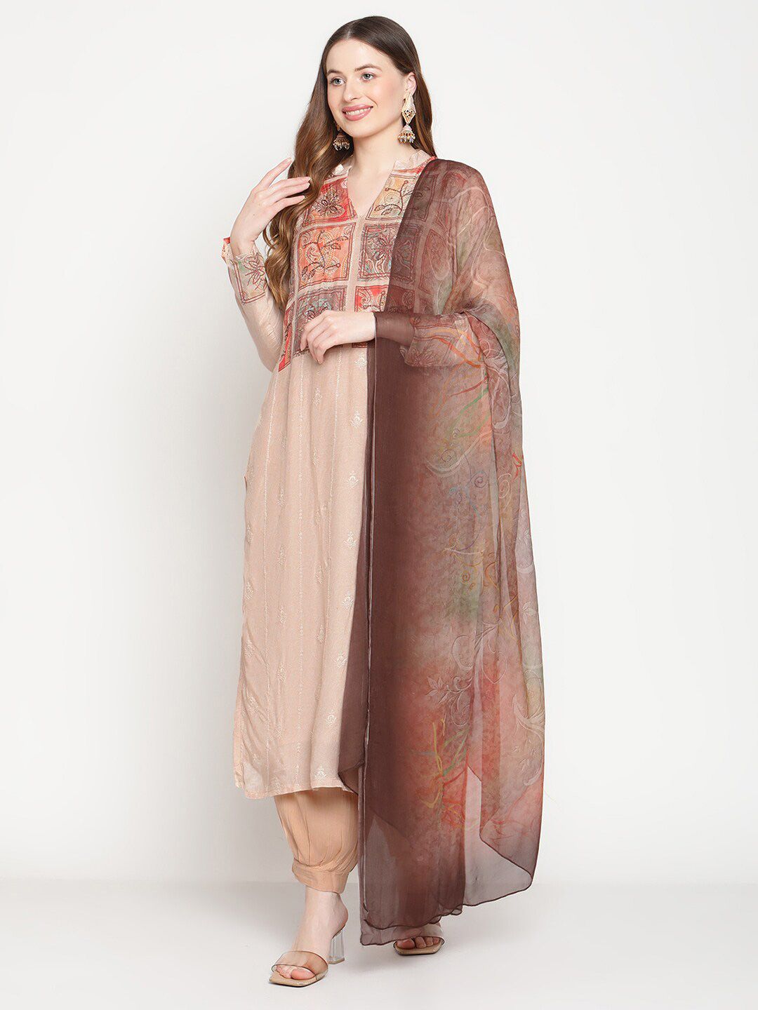 Stylee LIFESTYLE Cream & Brown Printed Unstitched Dress Material Price in India