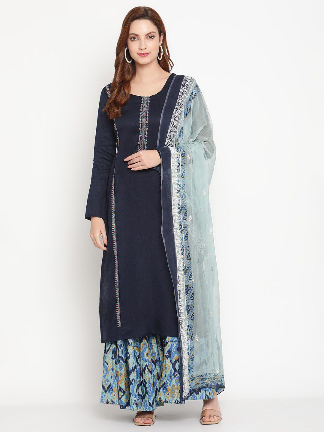 Stylee LIFESTYLE Women Navy Blue Digital Printed Pure Cotton Dress Material Price in India