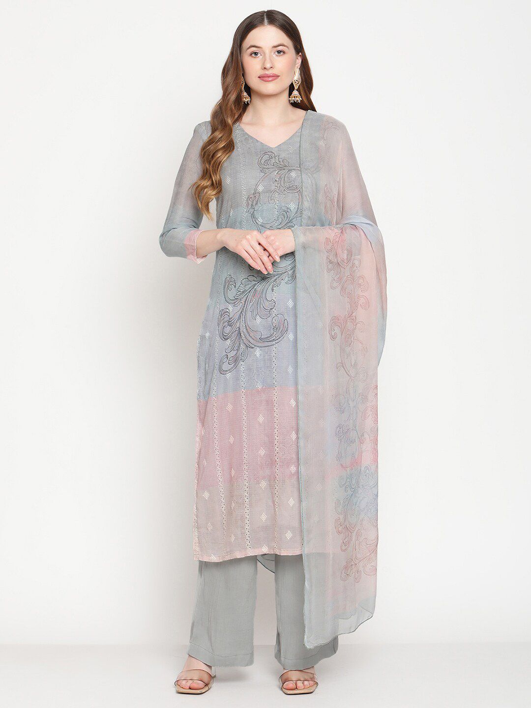 Stylee LIFESTYLE Grey & Pink Printed Pure Cotton Unstitched Dress Material Price in India