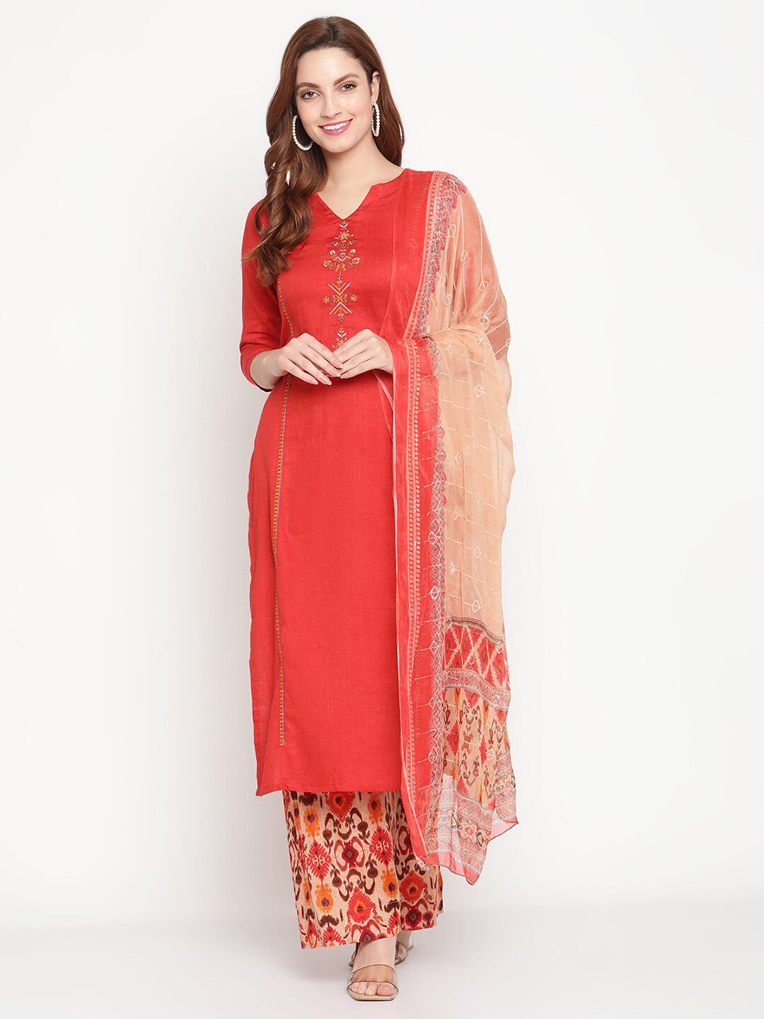 Stylee LIFESTYLE Coral & Beige Unstitched Dress Material Price in India