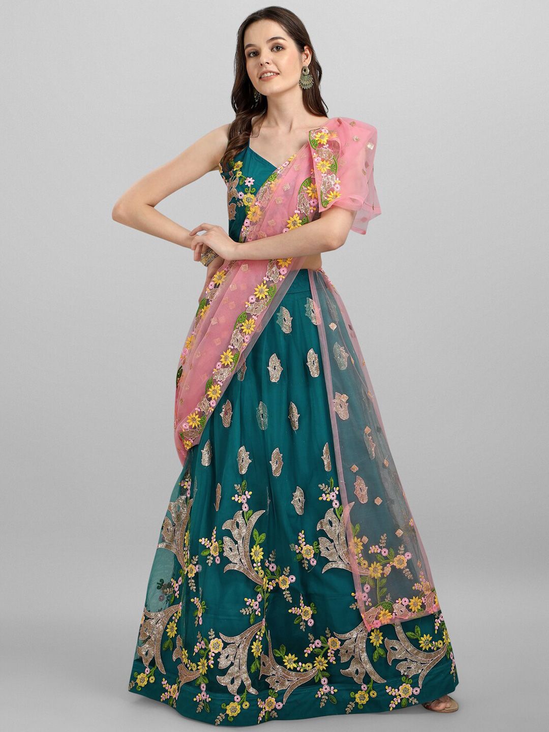 JATRIQQ Women Teal Green Embroidered & Embellished Semi-Stitched Lehenga Choli Price in India