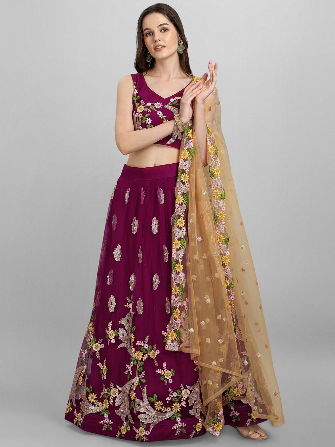 JATRIQQ Purple & Gold-Toned Embroidered Sequinned Semi-Stitched Lehenga & Unstitched Blouse With Dupatta Price in India