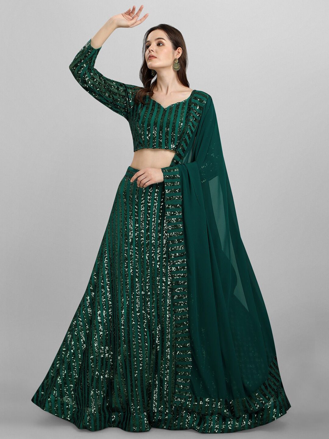 JATRIQQ Green Embellished Sequinned Semi-Stitched Lehenga & Unstitched Blouse With Dupatta Price in India