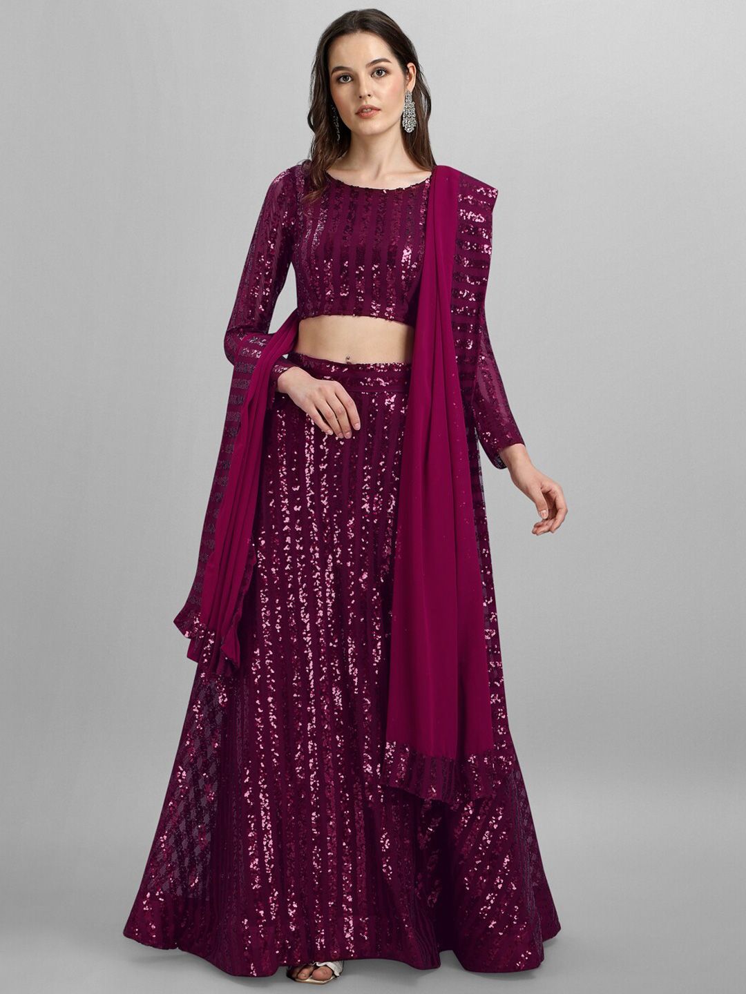 JATRIQQ Purple Embellished Sequinned Semi-Stitched Lehenga & Unstitched Blouse With Dupatta Price in India
