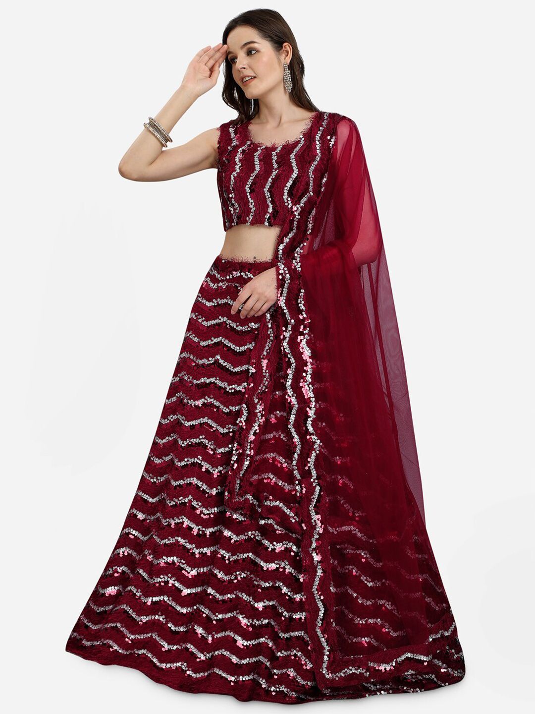 JATRIQQ Maroon & Silver-Toned Embellished Sequinned Semi-Stitched Lehenga & Unstitched Blouse With Dupatta Price in India