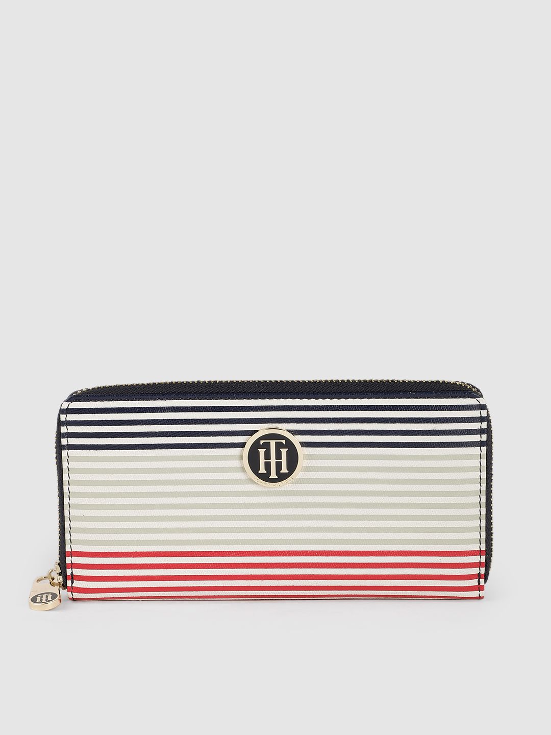 Tommy Hilfiger Women White & Blue Striped Leather Zip Around Wallet Price in India