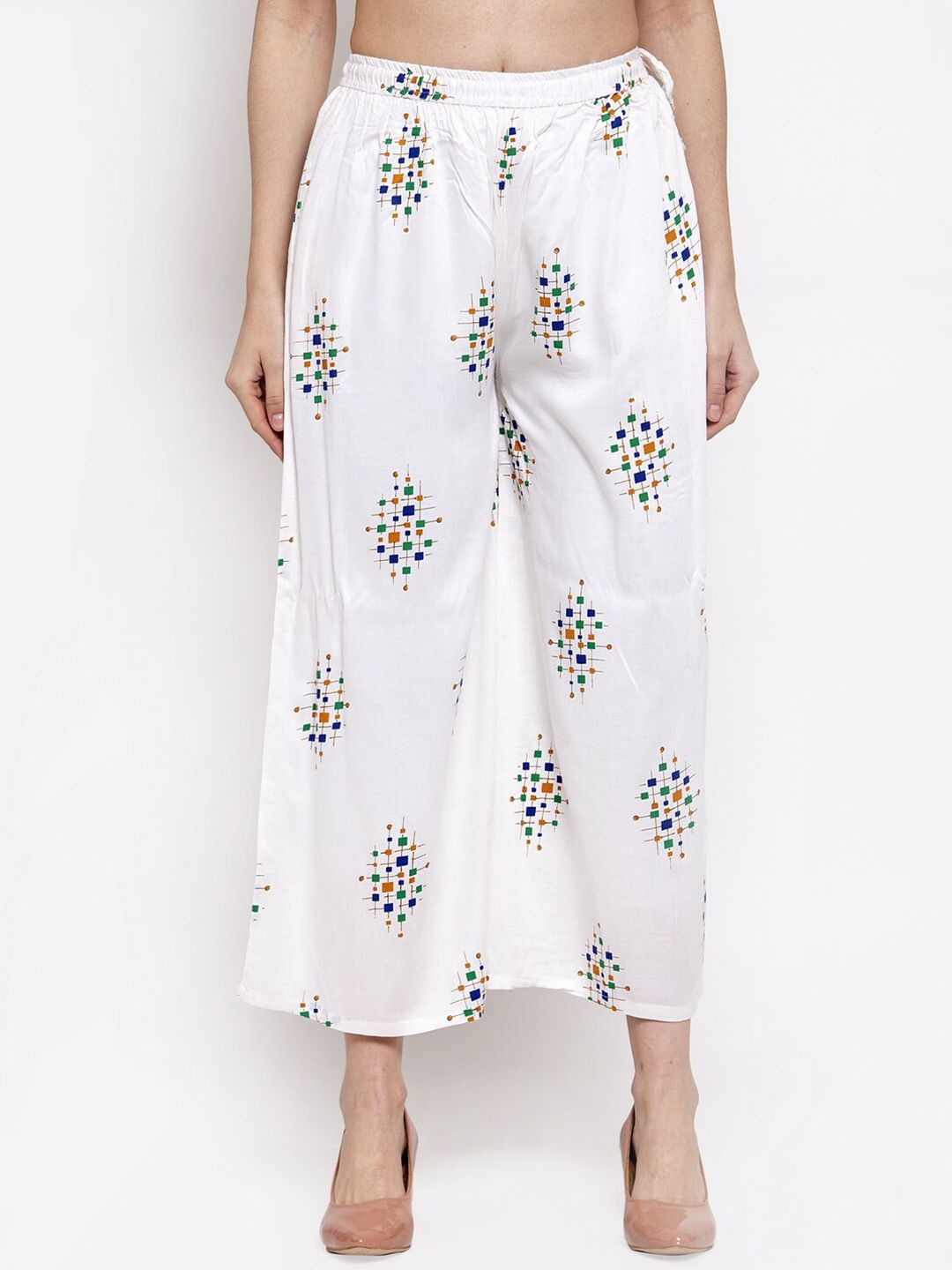 Miaz Lifestyle Women White & Blue Printed Flared Palazzos Price in India