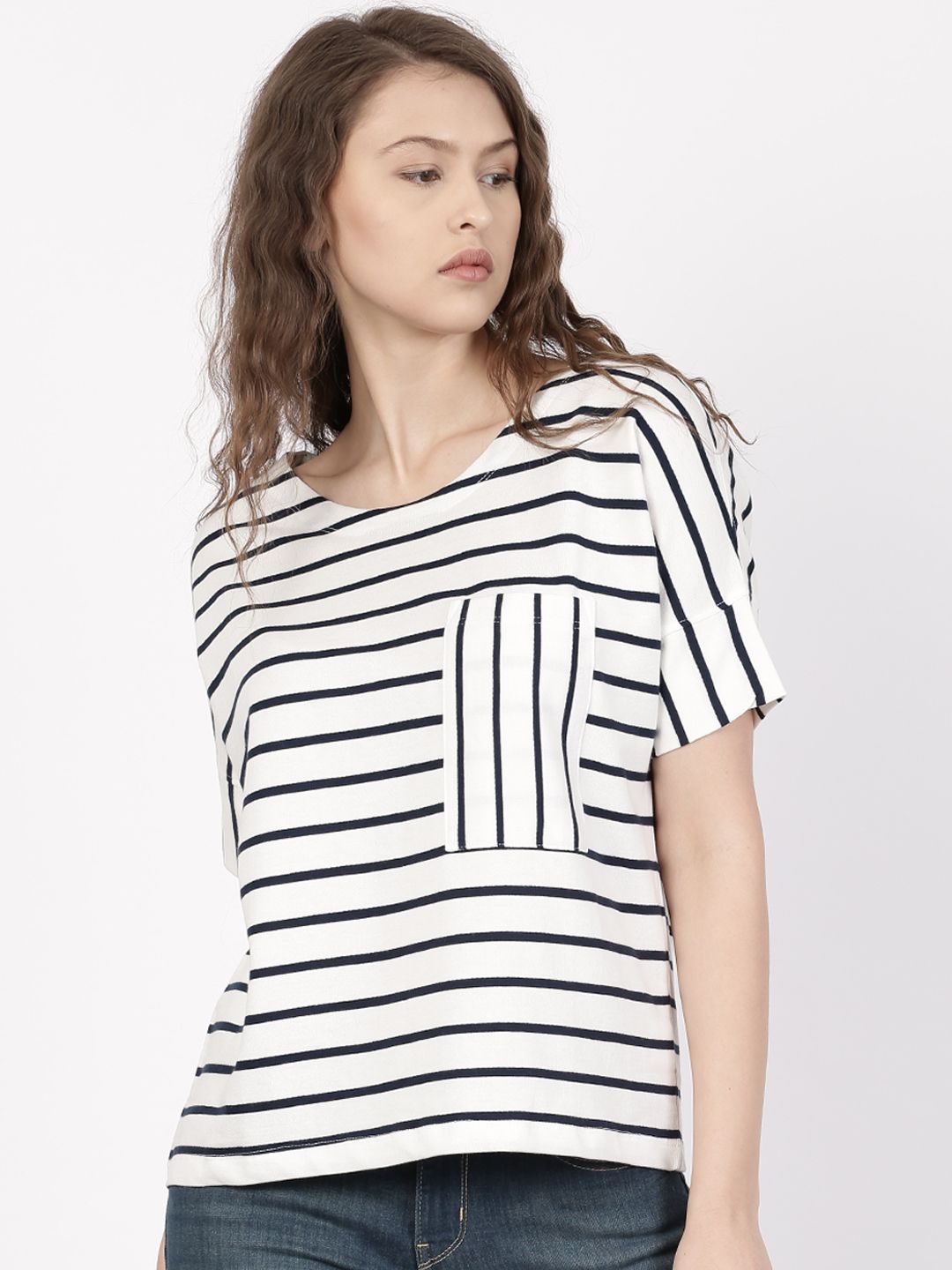 ether Women White & Navy Striped Round Neck Extended Sleeve Chest Pocket T-shirt