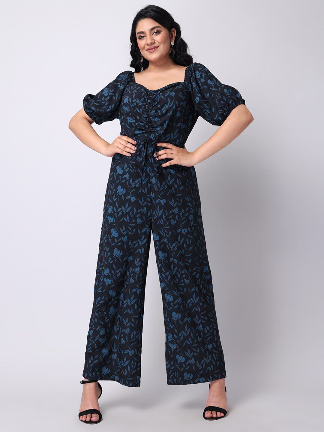 FabAlley Curve Plus Size Black & Blue Printed Basic Jumpsuit Price in India