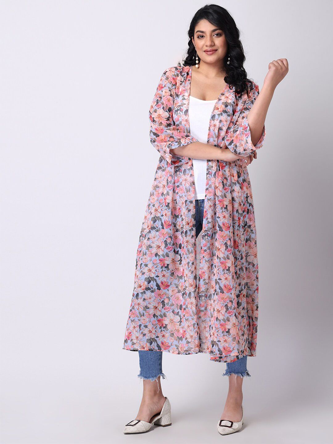 FabAlley Curve Women Blue & Peach Floral Printed Longline Shrug Price in India