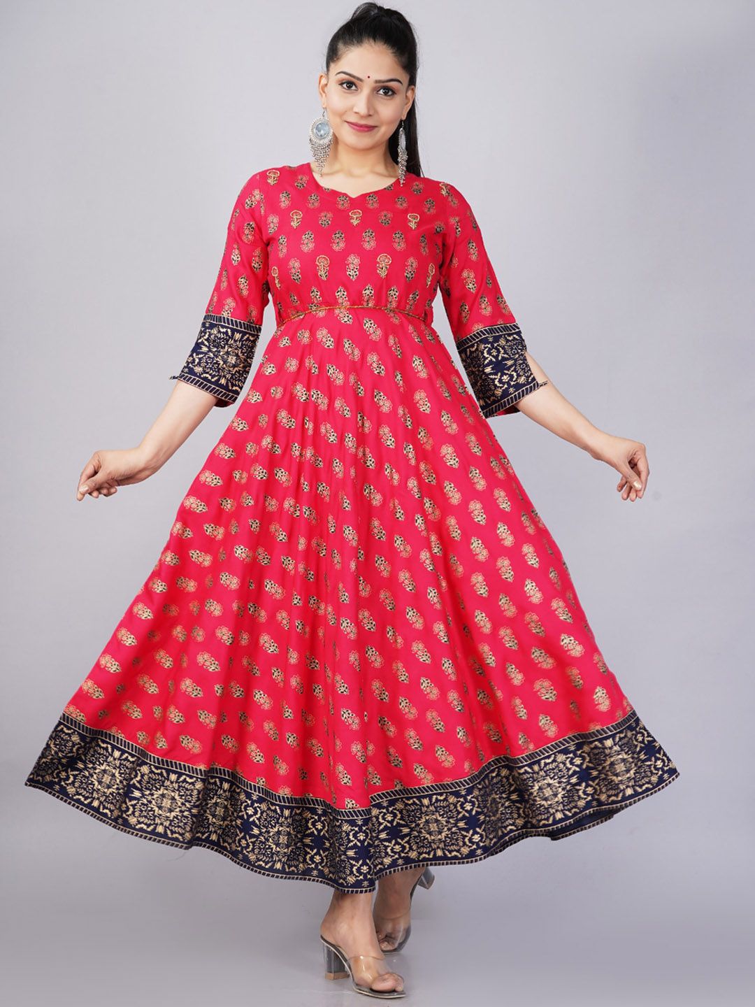 KALINI Pink & Navy Blue Ethnic Motifs Ethnic Anarkali Maxi Dress Price in India