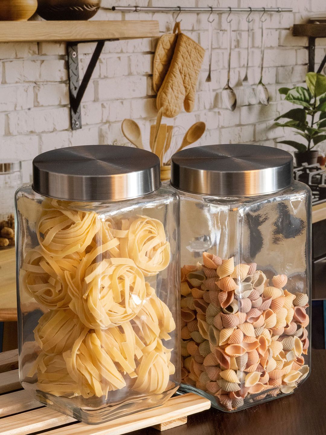 Roxx Transparent Set of 2 Glass Trigo Storage Jar With Lid Price in India