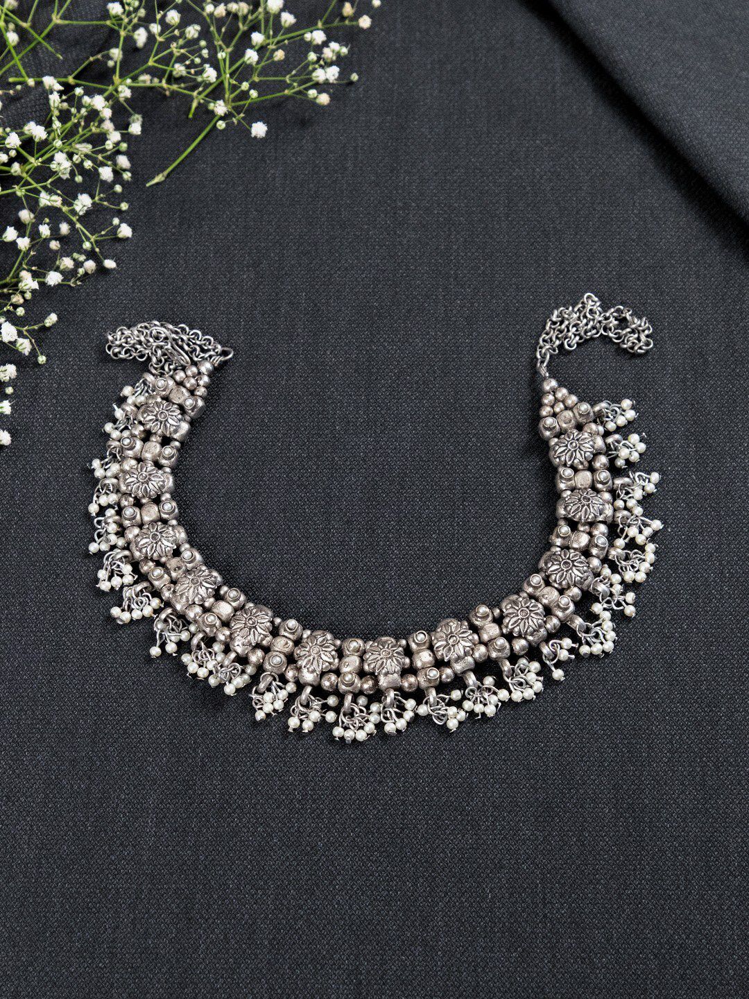 creyons by mansi Silver-Toned Oxidised Choker Necklace Price in India