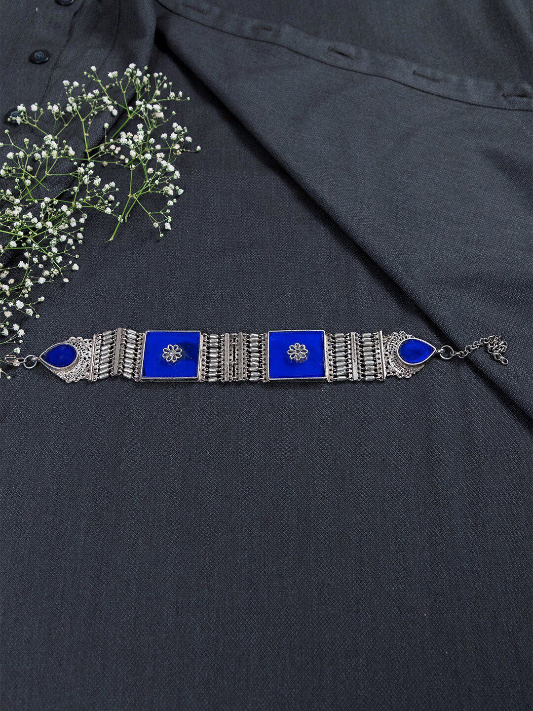 creyons by mansi Silver-Toned Blue Oxidised Choker Necklace Price in India