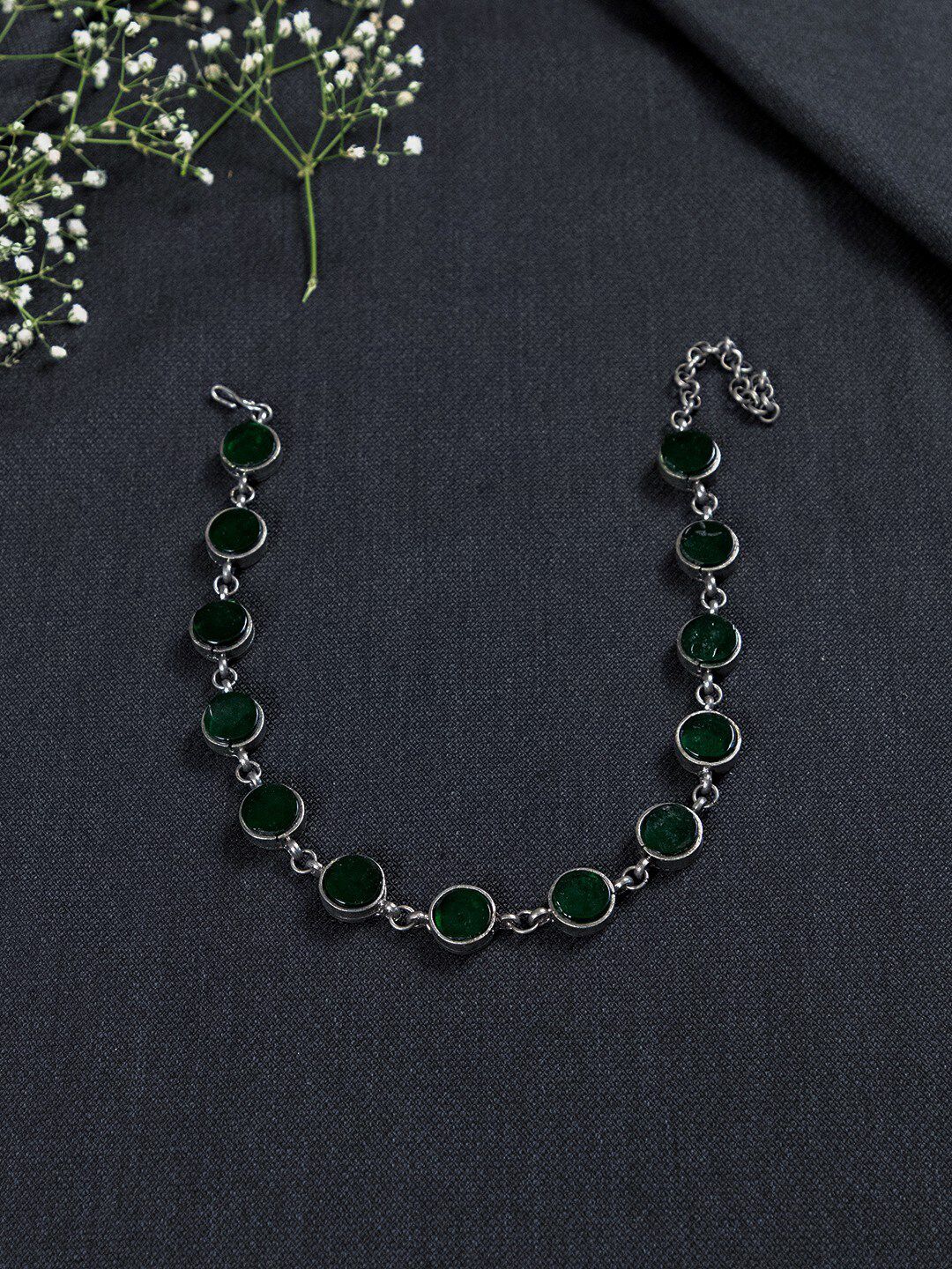 creyons by mansi Silver-Toned & Green Oxidised Necklace Price in India