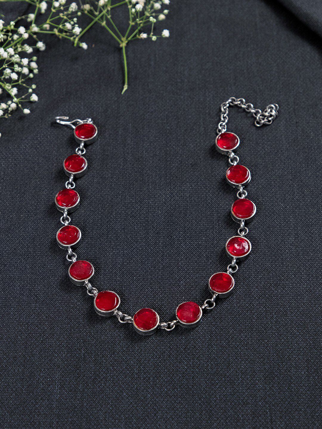 creyons by mansi Silver-Toned & Red Oxidised Choker Necklace Price in India