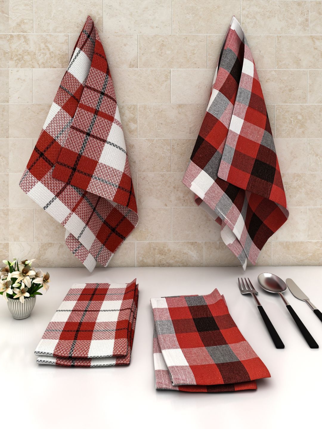Athom Trendz Set Of 6 Red Checked Pure Absorbent Cotton Kitchen Towels Price in India