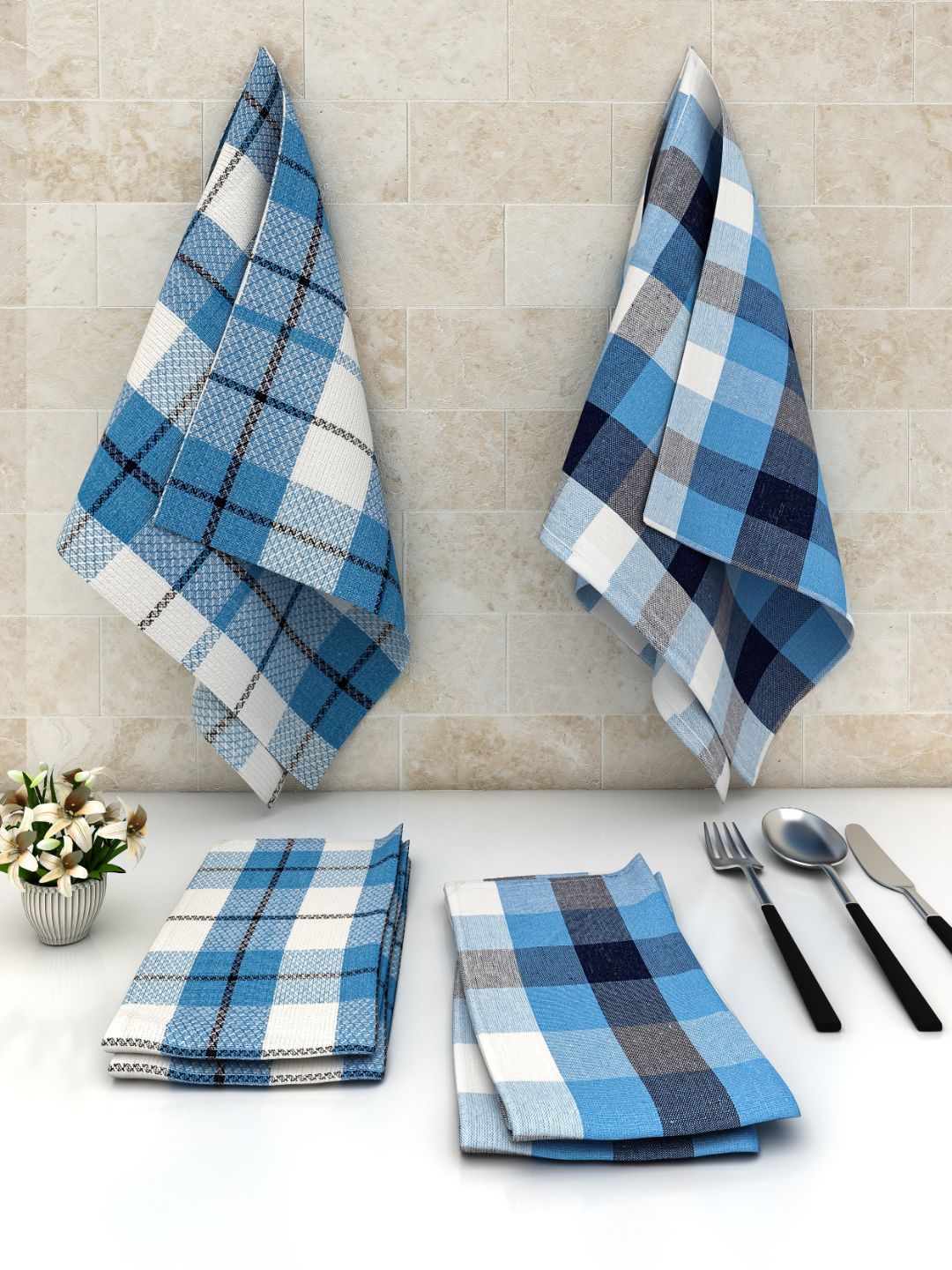 Athom Trendz Set Of 6 Blue & White Checked Cotton 245 GSM Multipurpose Kitchen Linen Sets Price in India