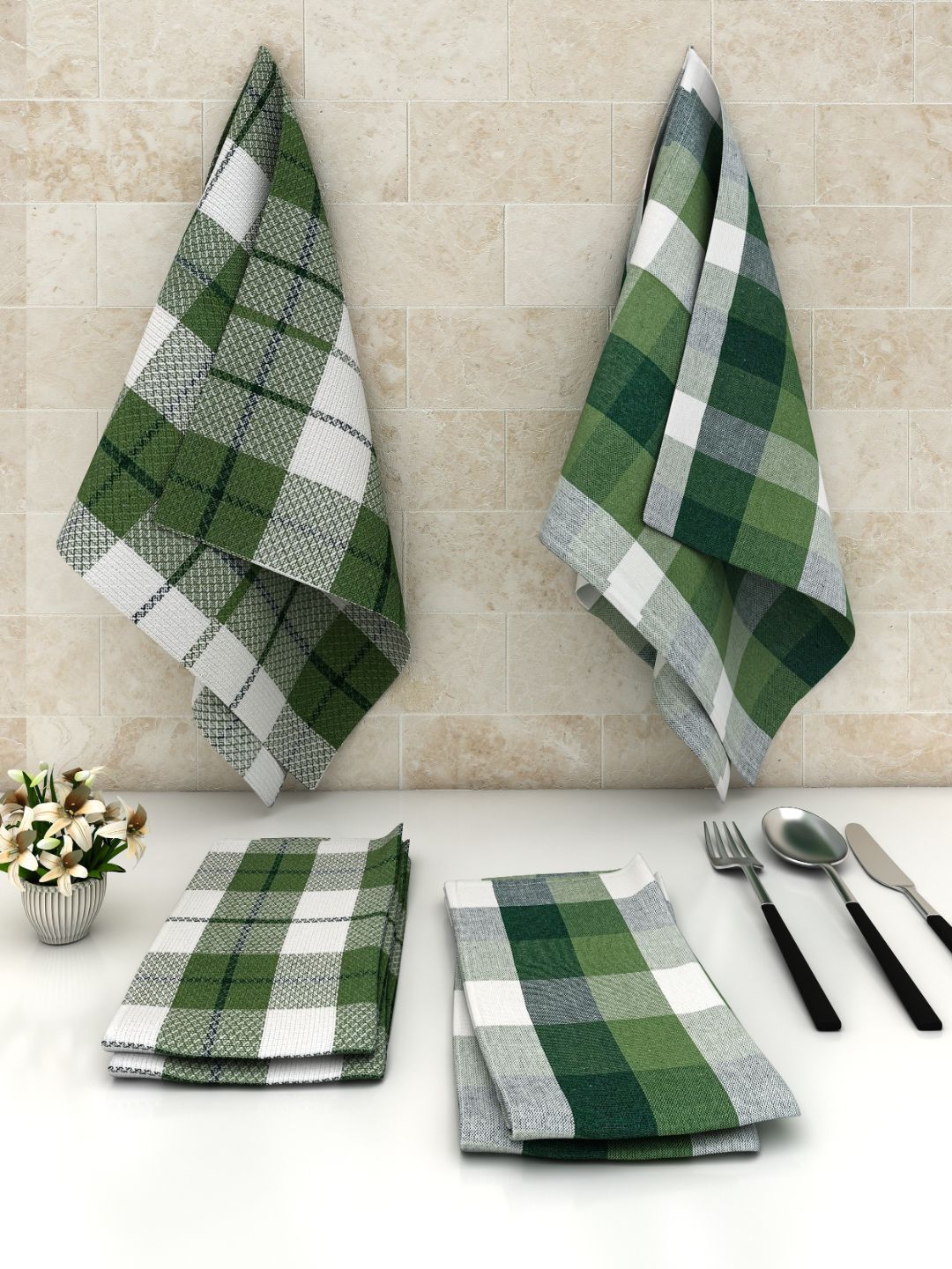 Athom Trendz Set Of 6 Green & White Checked Cotton Kitchen Towels Price in India