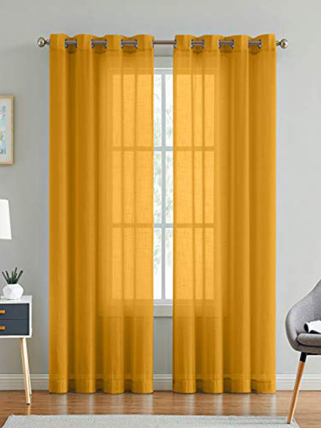LINENWALAS Happy Sleeping Set of 2 Mustard Yellow Abstract Sheer Door Curtains Price in India