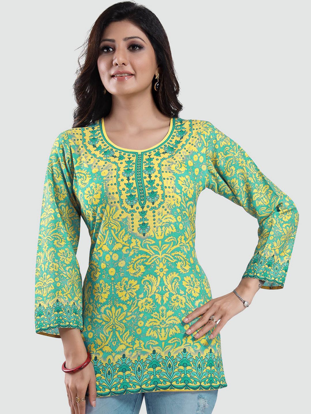 Saree Swarg Green Printed Tunic Price in India