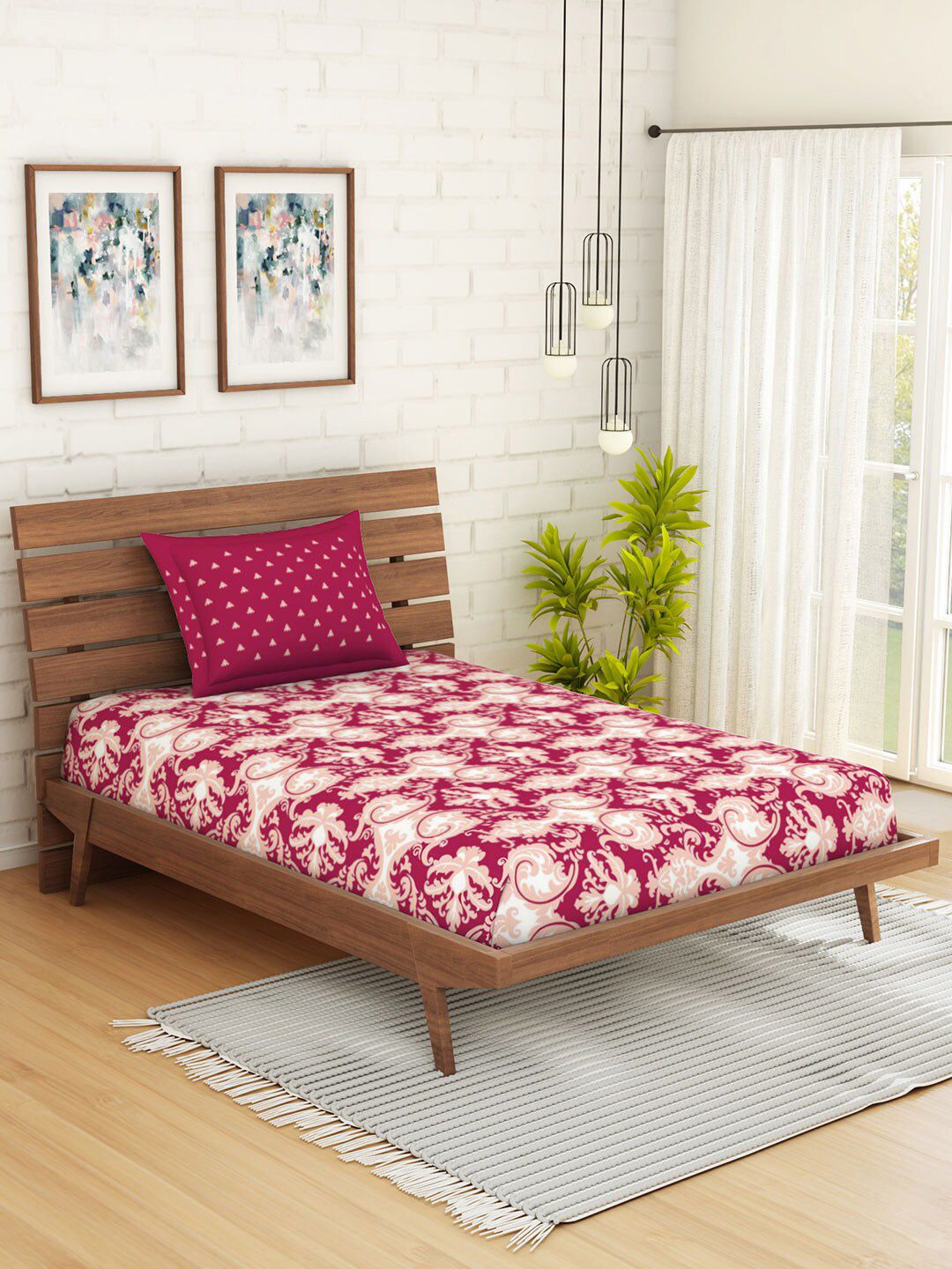 SPACES Maroon & White Ethnic Motifs 144 TC Single Bedsheet with 1 Pillow Covers Price in India