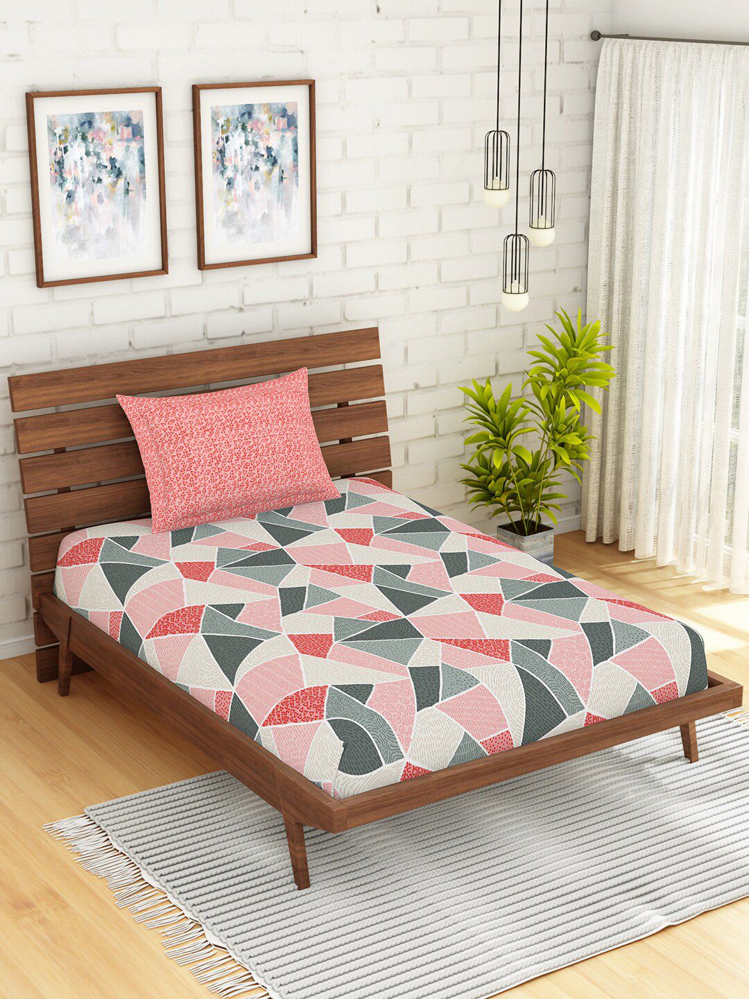 SPACES Peach-Coloured & Cream-Coloured Geometric 144 TC Single Bedsheet with 1 Pillow Covers Price in India