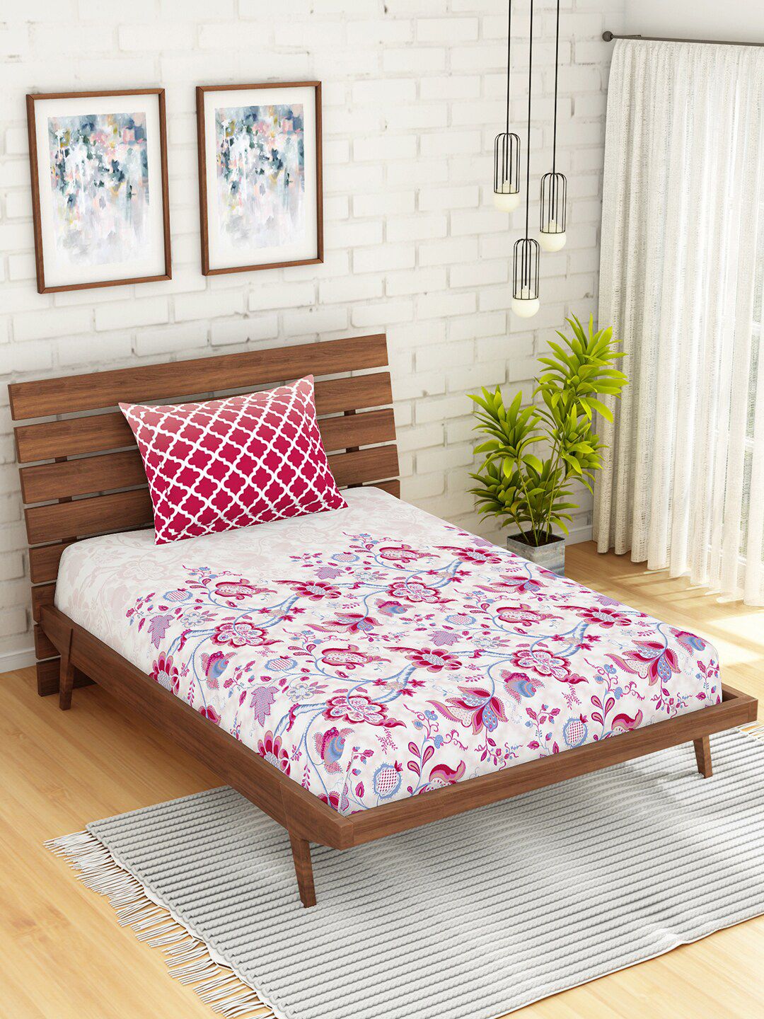 SPACES Pink & White Floral 144 TC Single Bedsheet with 1 Pillow Covers Price in India
