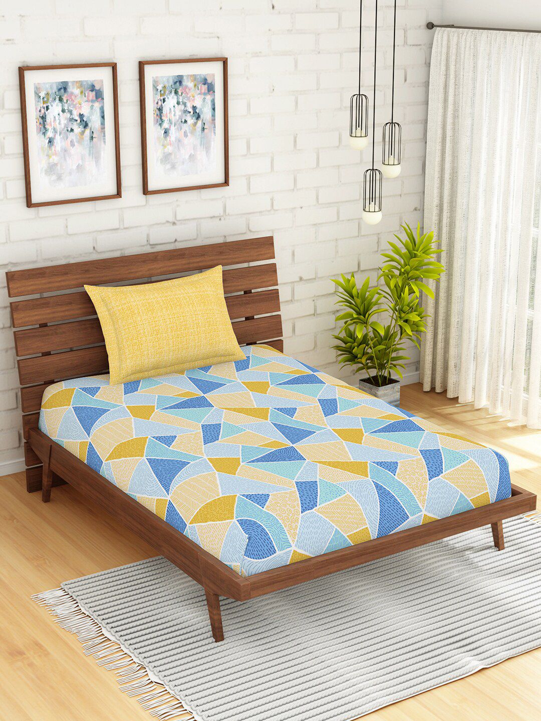 SPACES Yellow & Blue Geometric 144 TC Pure Cotton Single Bedsheet with 1 Pillow Covers Price in India