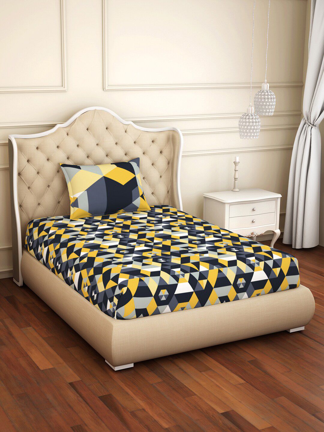 SPACES Black & Yellow 144 TC Single Bedsheet with 1 Pillow Covers Price in India