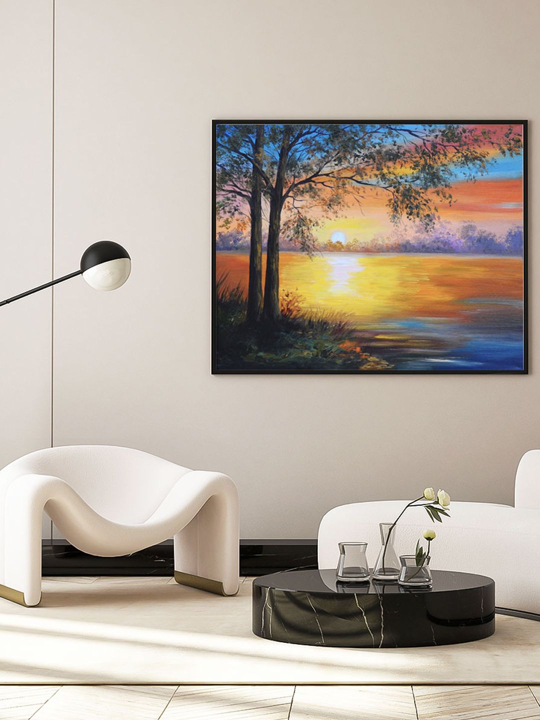 ARTSPACE Blue & Yellow Landscape Tree Near The Lake Canvas Painting Price in India
