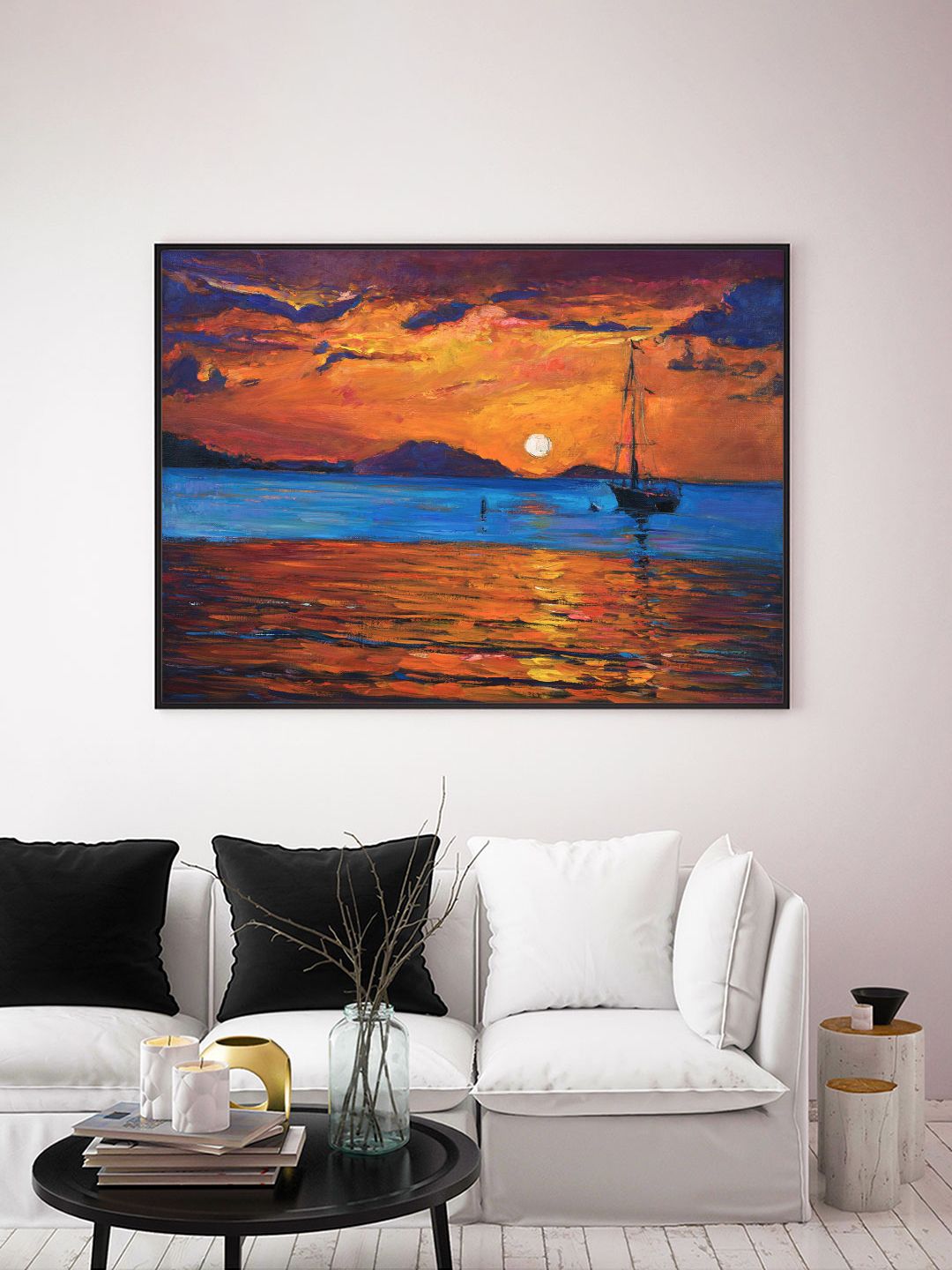ARTSPACE Orange & Blue Sailing In The Sea Framed Canvas Wall Painting Art Price in India