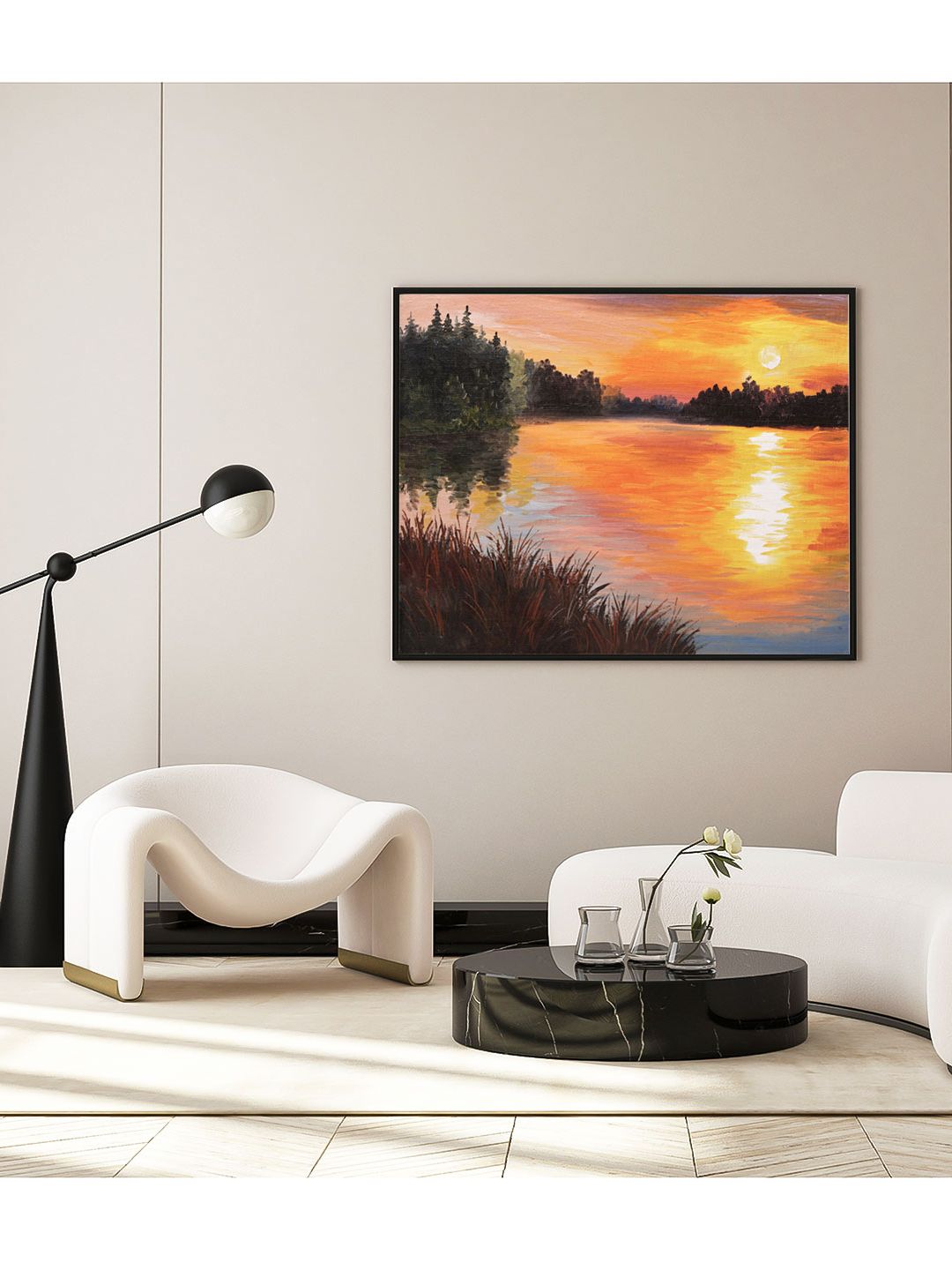 ARTSPACE Orange & Green Lake In A Forest Framed Wall Art Price in India
