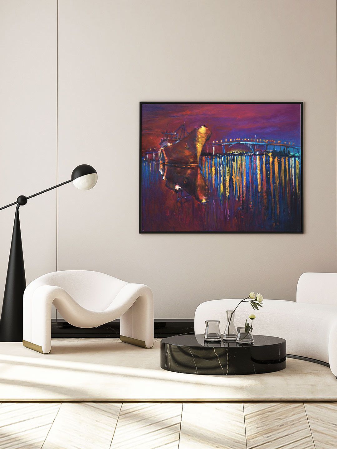 ARTSPACE Purple & Blue Night View At Dock Framed Wall Art Price in India