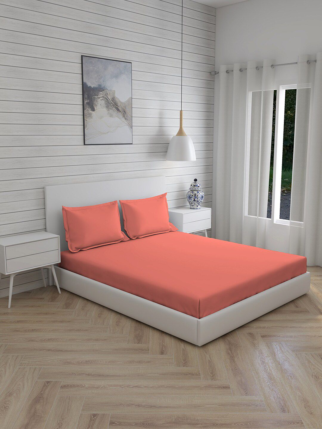 Layers Peach-Coloured 144 TC King Bedsheet with 2 Pillow Covers Price in India