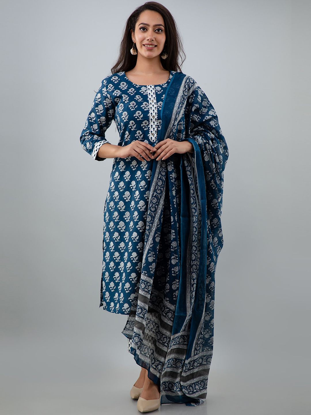 KALINI Women Blue Floral Printed Gotta Patti Pure Cotton Kurta with Trousers & With Dupatta Price in India