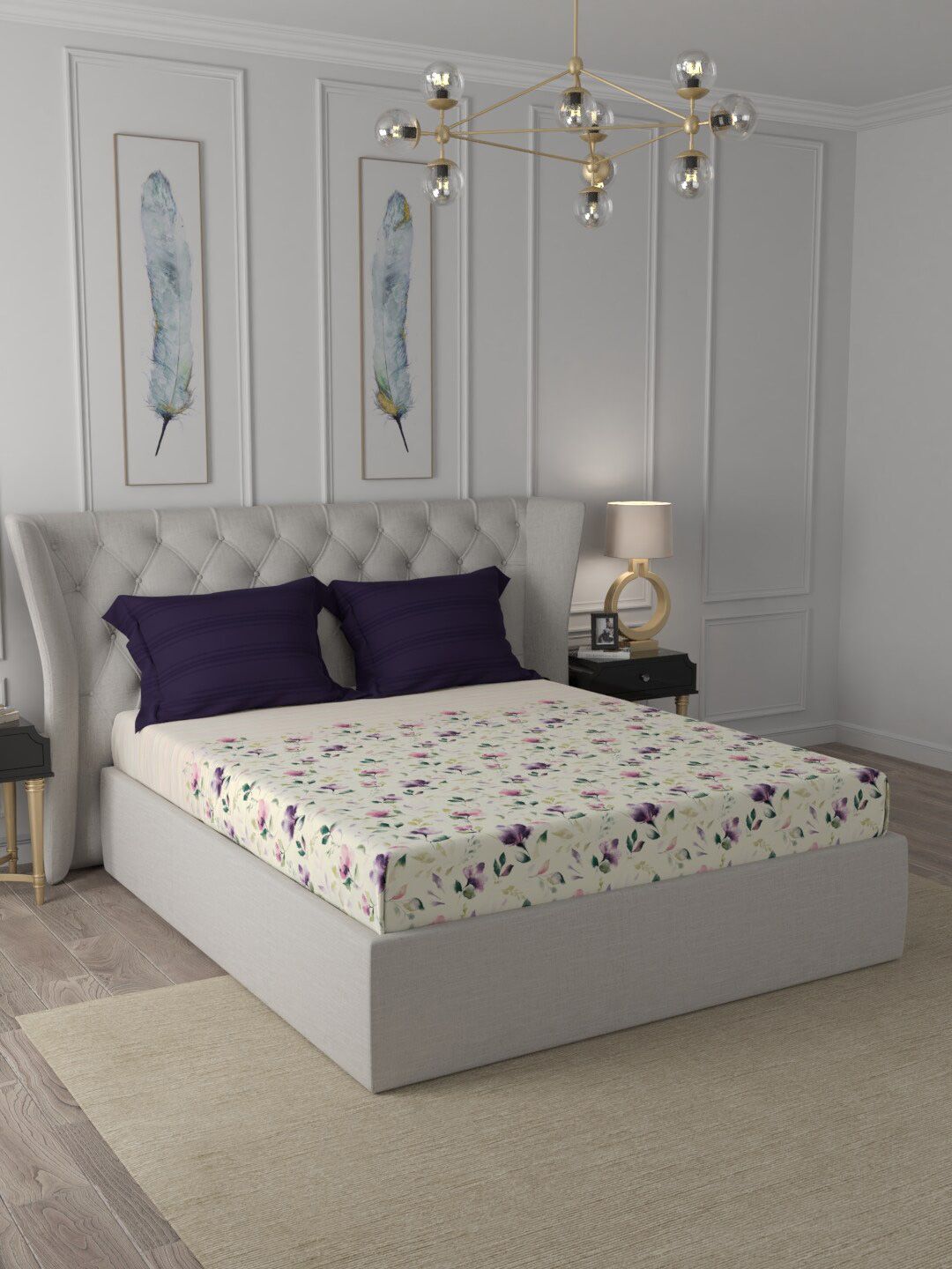 Trident Cream-Coloured & Navy Blue Floral 210 TC King Bedsheet with 2 Pillow Covers Price in India