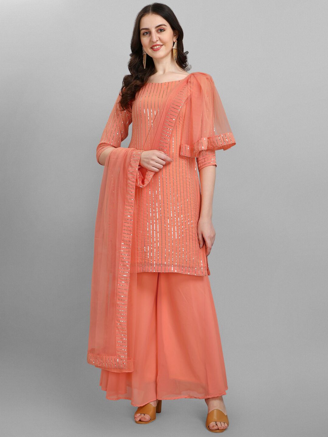 JATRIQQ Peach-Coloured & Gold-Toned Embellished Semi-Stitched Dress Material Price in India
