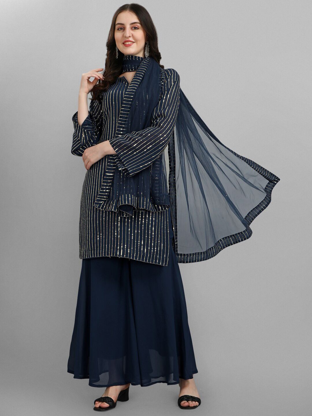 JATRIQQ Navy Blue Embellished Silk Georgette Semi-Stitched Dress Material Price in India