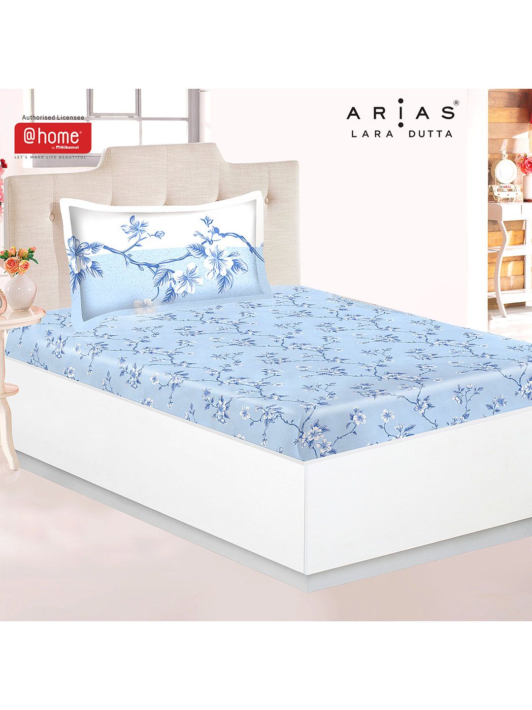 Athome by Nilkamal Blue & White Floral 144 TC Single Bedsheet with 2 Pillow Covers Price in India